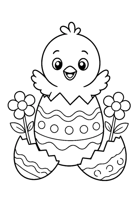 A small chick hatching from a cracked egg with two shell pieces and spring flowers.
