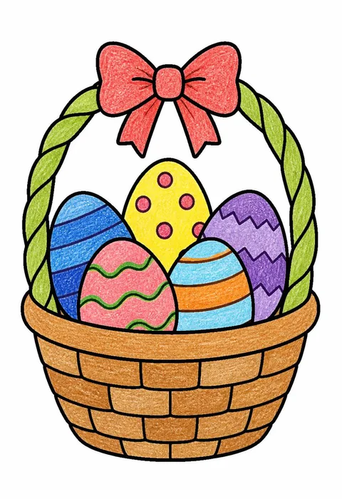 Completed crayon-colored example of the Easter egg basket coloring page