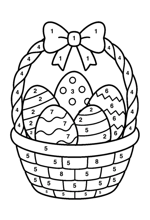 Easter egg basket coloring page with numbered areas and a color key for color by number