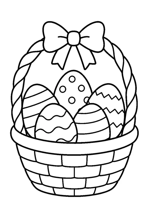 Line drawing of a basket holding six eggs, each with a different simple pattern.