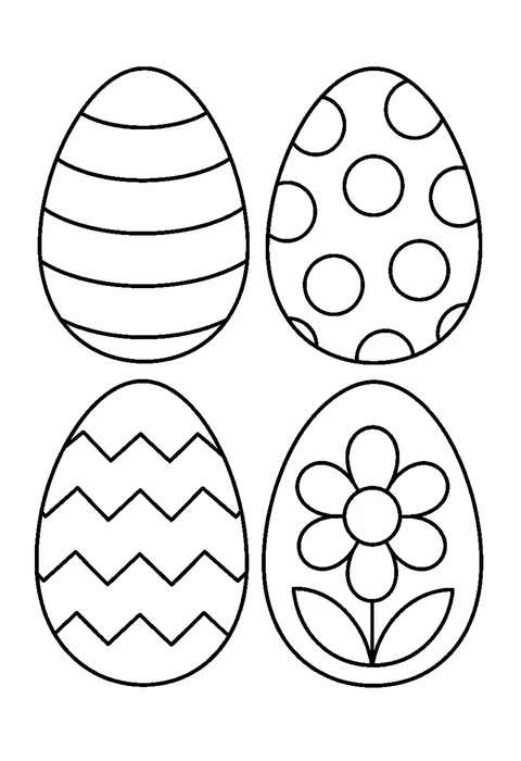 Four large Easter eggs decorated with stripes, circles, zigzags and a flower.