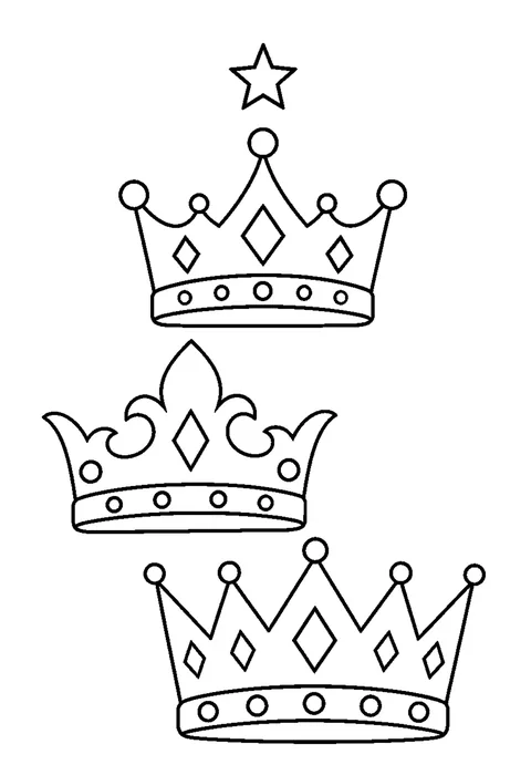 Three royal crowns with outlined gemstones beneath a small star.