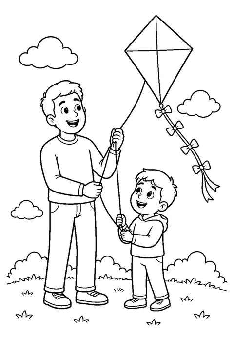 A father and child flying a diamond-shaped kite with a ribbon tail beneath a cloud.