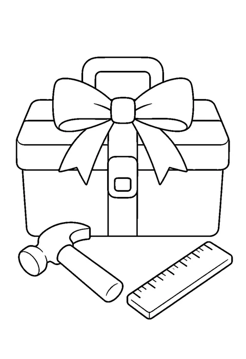 A closed toolbox with a ribbon bow beside a wooden hammer and a ruler.
