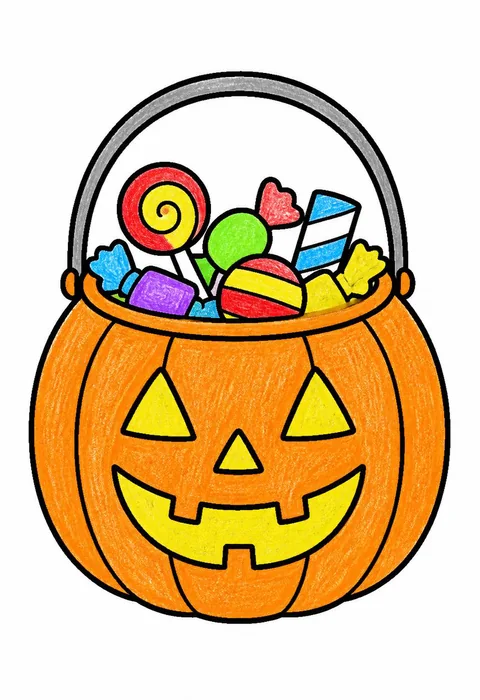 Completed crayon-colored example of the Halloween candy bucket coloring page