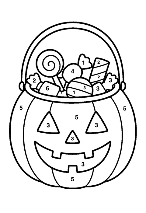 Halloween candy bucket coloring page with numbered areas and a color key for color by number