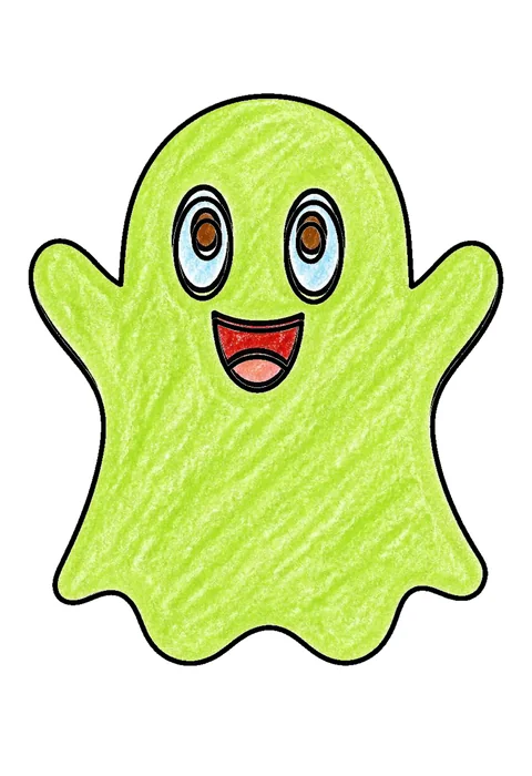 Completed crayon-colored example of the Halloween friendly ghost coloring page