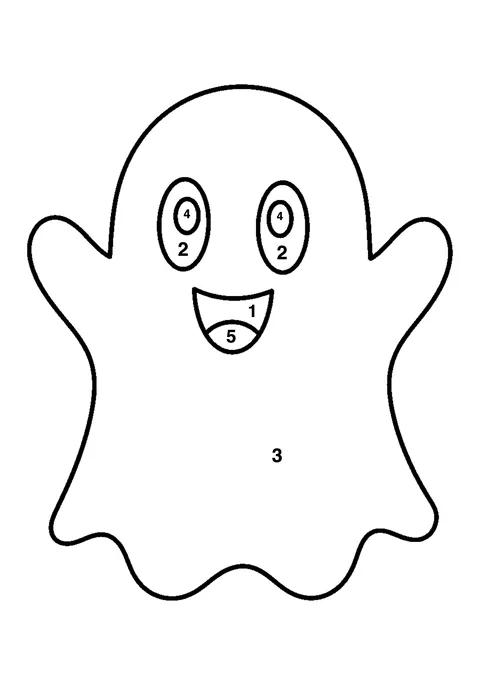 Halloween friendly ghost coloring page with numbered areas and a color key for color by number
