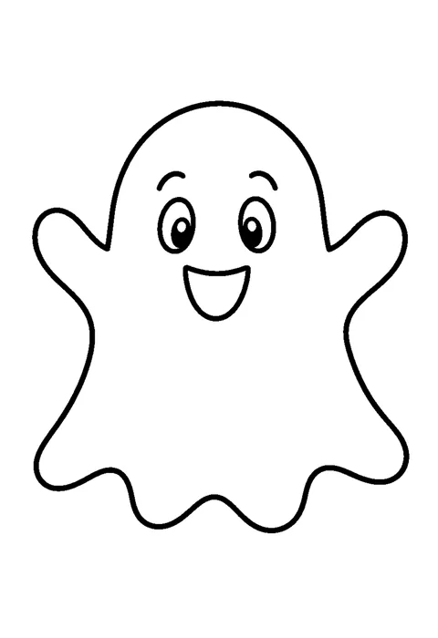 Line drawing of a smiling ghost with a wavy hem floating above two small pumpkins.