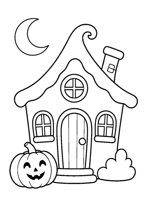 A small Halloween cottage with three windows, a rounded door, a smiling pumpkin and a moon.
