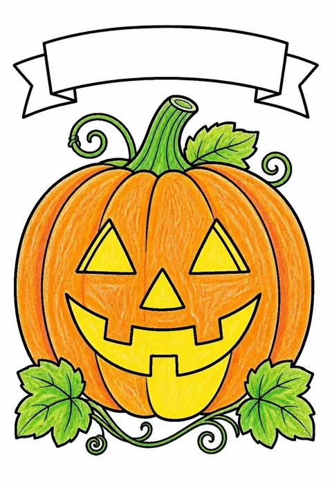 Completed crayon-colored example of the Halloween jack-o'-lantern coloring page