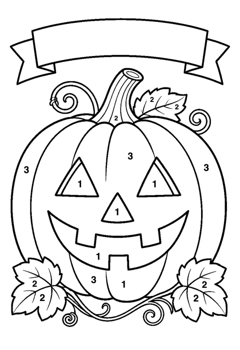 Halloween jack-o'-lantern coloring page with numbered areas and a color key for color by number