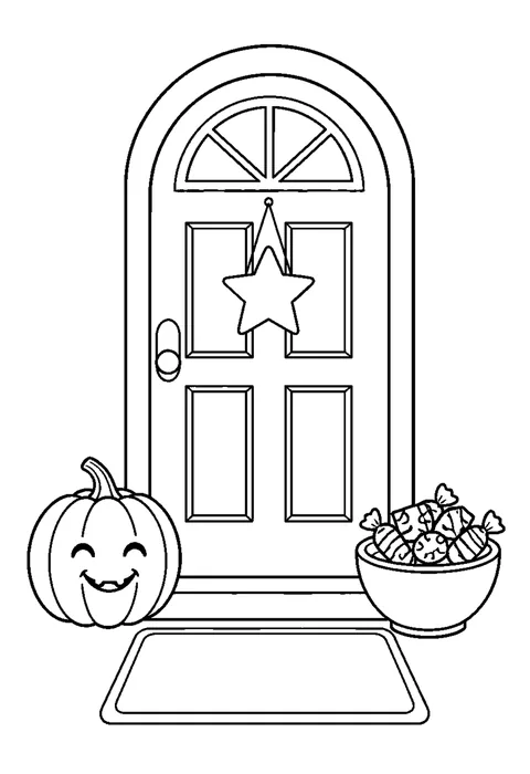 A front door with a smiling pumpkin, wrapped sweets in a bowl and an empty doormat.