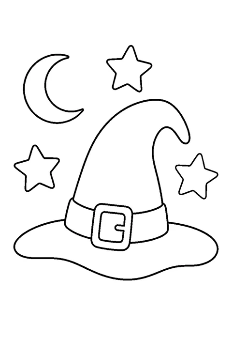 Outline of a pointed witch hat with a buckle, three stars and a crescent moon.
