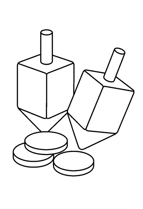 Two four-sided dreidels with blank faces and a few outlined coins.