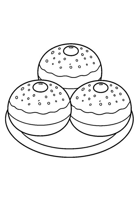 Three round jelly doughnuts with small jam centers on a plate.