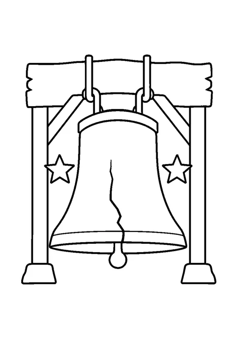 The Liberty Bell with a visible crack, a wooden support and two outlined stars.