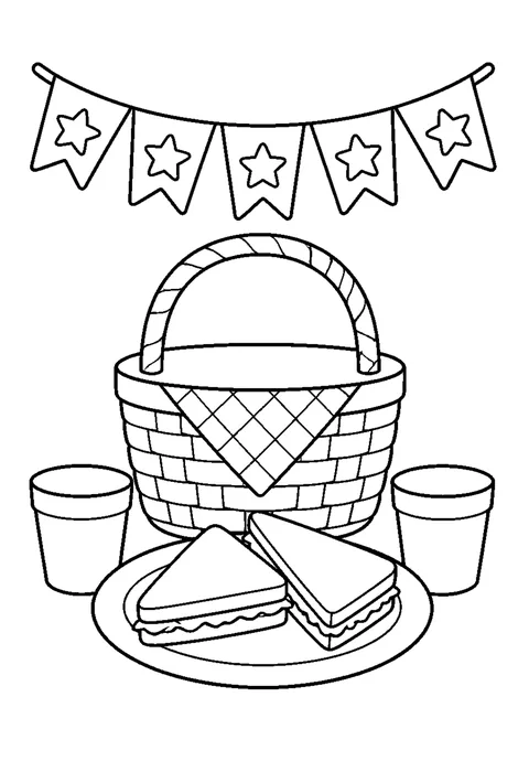 A picnic basket with a checked cloth, two cups, sandwiches and star-patterned bunting.