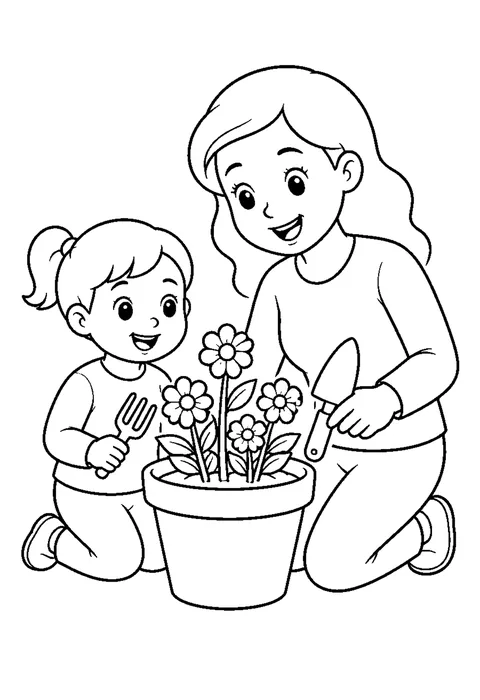 A mother and child kneeling beside a flower pot with small gardening tools.
