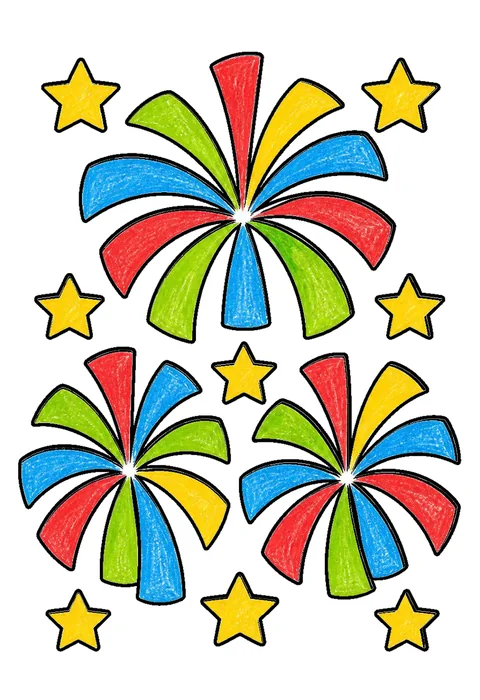 Completed crayon-colored example of the New Year fireworks coloring page