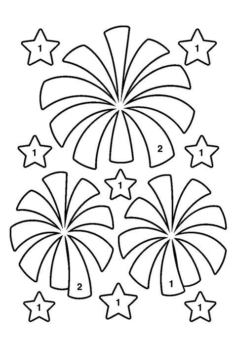 New Year fireworks coloring page with numbered areas and a color key for color by number