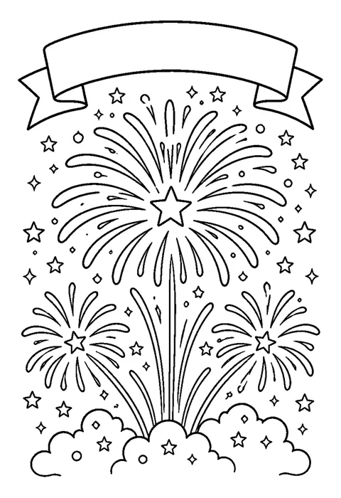 Bold line drawing of three bursts of fireworks over simple rooftops, with an empty band for a year.
