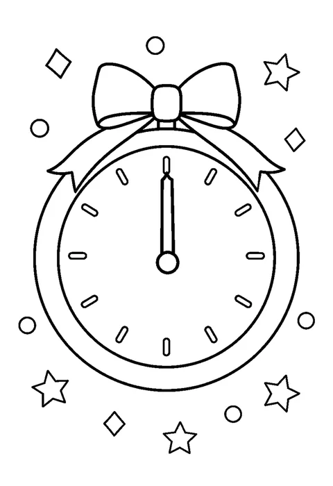 A round clock with both hands pointing upward, a ribbon and hollow confetti shapes.