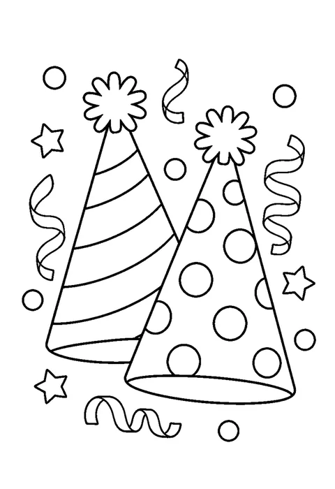 Two cone-shaped party hats with stripes and dots, surrounded by curled streamers.