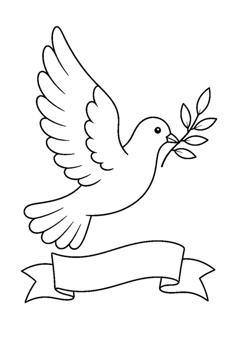 A dove with raised wings carrying an olive branch above a blank ribbon.