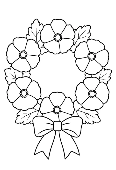 A wreath of large poppy flowers and broad leaves with a plain ribbon.