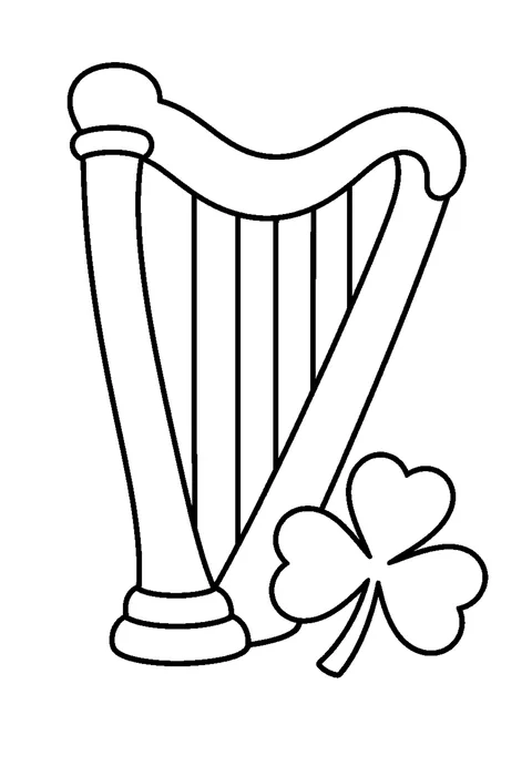 An Irish harp with a curved frame and separated strings beside a three-leaf shamrock.