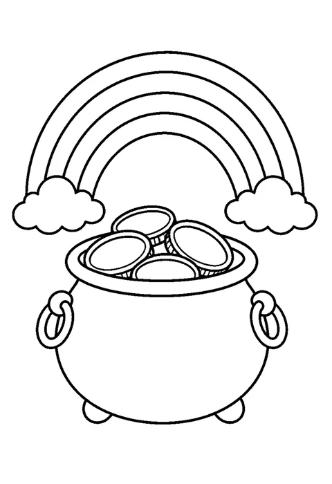A rainbow with broad empty bands above a round pot of outlined coins and two clouds.