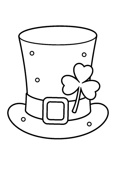 A tall festive hat with a buckle and a shamrock made of three heart-shaped leaflets.