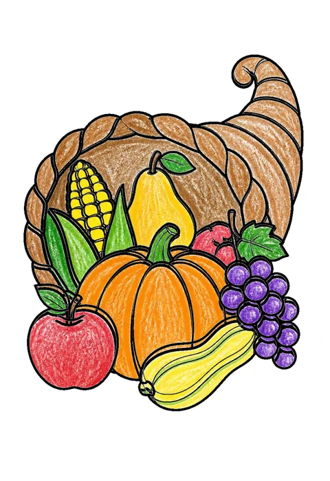 Completed crayon-colored example of the Thanksgiving cornucopia coloring page