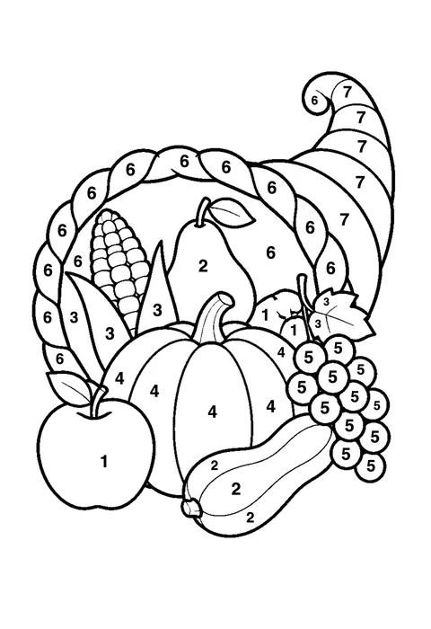 Thanksgiving cornucopia coloring page with numbered areas and a color key for color by number