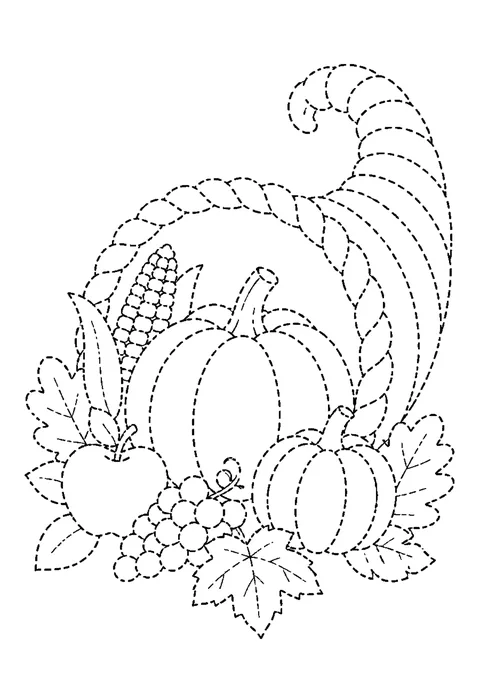 Tracing outline of a horn basket spilling out pumpkins, corn and grapes, drawn in dotted lines.
