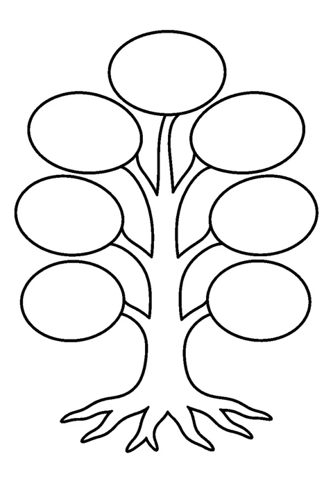 A simple tree with seven large empty leaves, a broad trunk and small roots.