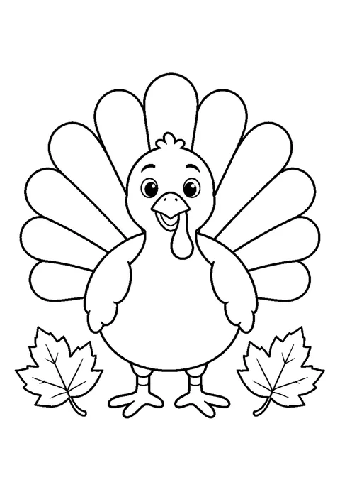 A round turkey with a fan of broad tail feathers and two autumn leaves.