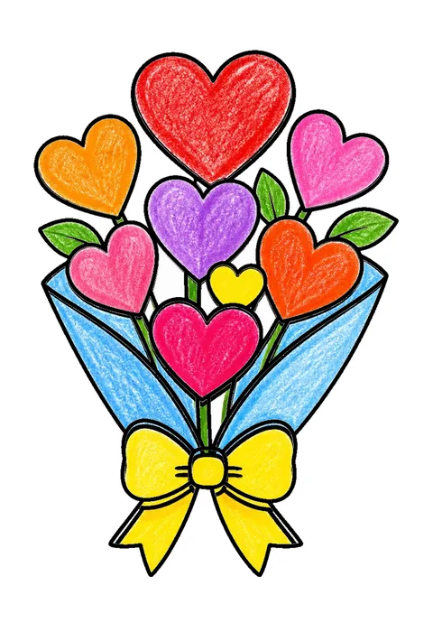 Completed crayon-colored example of the Valentine heart bouquet coloring page