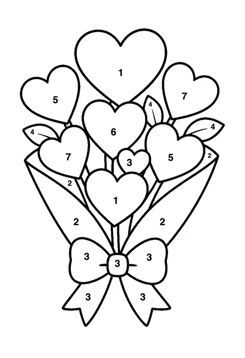 Valentine heart bouquet coloring page with numbered areas and a color key for color by number