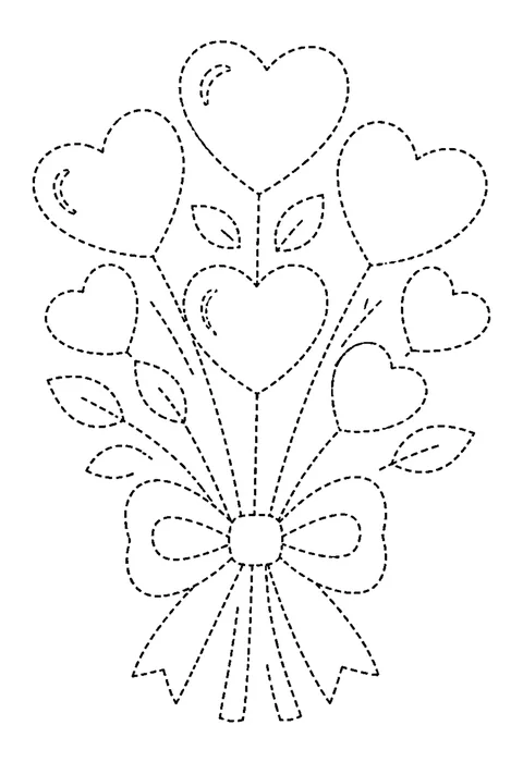 Tracing outline of a bunch of heart-shaped balloons on strings, drawn in dashed lines.