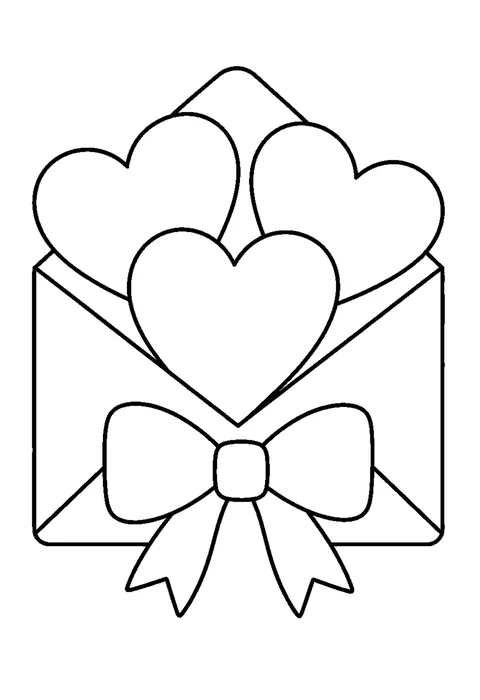 An open envelope with three large hearts and a ribbon beneath it.