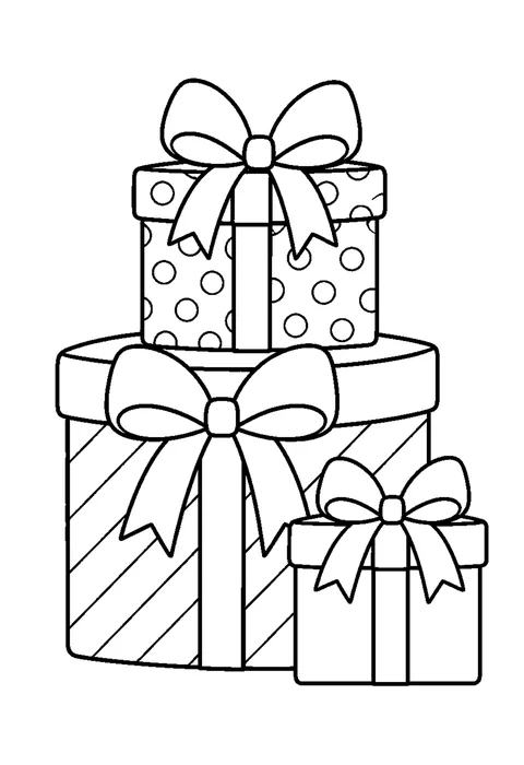 Three wrapped presents with ribbon bows, dotted paper and striped paper.