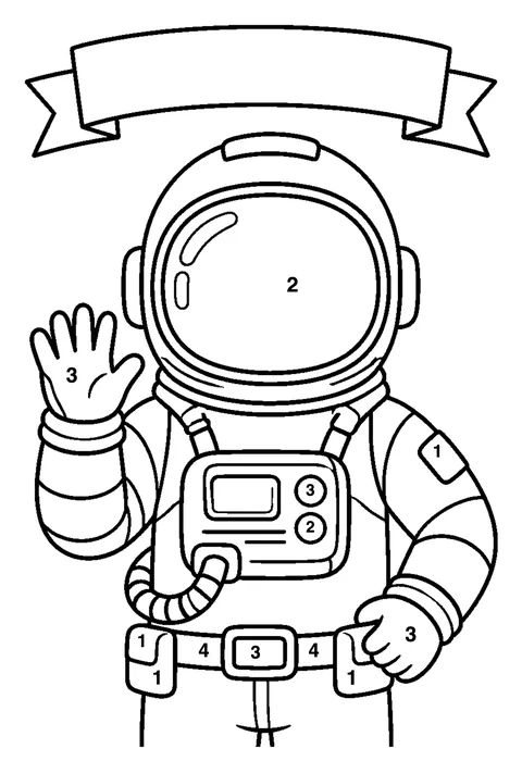 Astronaut with a helmet coloring page with numbered areas and a color key for color by number