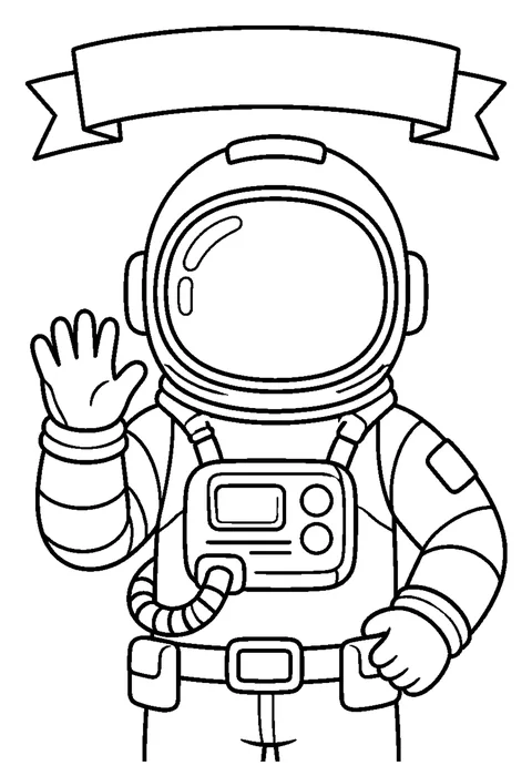 Bold line drawing of a waving astronaut in a suit with a round helmet, with an empty banner across the top.