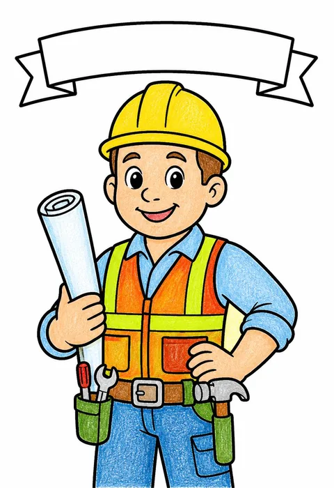 Completed crayon-colored example of the Builder with a hard hat coloring page