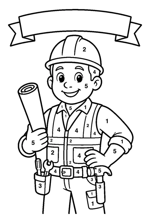 Builder with a hard hat coloring page with numbered areas and a color key for color by number