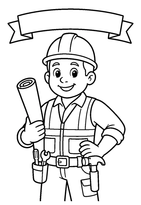 Bold line drawing of a builder in a hard hat holding a hammer, with an empty banner above.