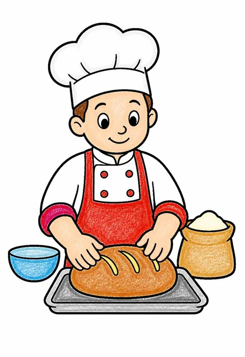 Completed crayon-colored example of the Chef baking bread coloring page