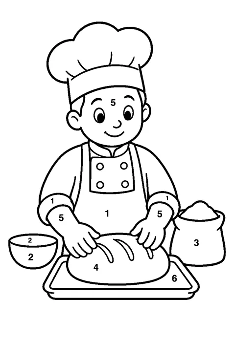 Chef baking bread coloring page with numbered areas and a color key for color by number